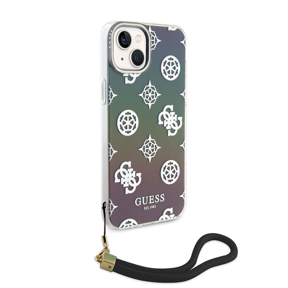 iPhone 15 Kılıf Guess Orjinal Lisanslı Desenli Yazı Logolu Askı İpli Holografik Glitter Peony Kılıf