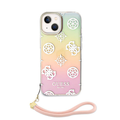 iPhone 15 Kılıf Guess Orjinal Lisanslı Desenli Yazı Logolu Askı İpli Holografik Glitter Peony Kılıf