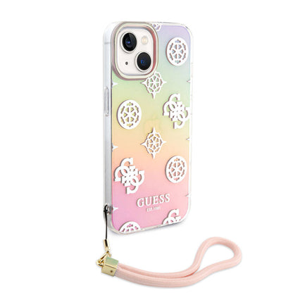 iPhone 15 Kılıf Guess Orjinal Lisanslı Desenli Yazı Logolu Askı İpli Holografik Glitter Peony Kılıf
