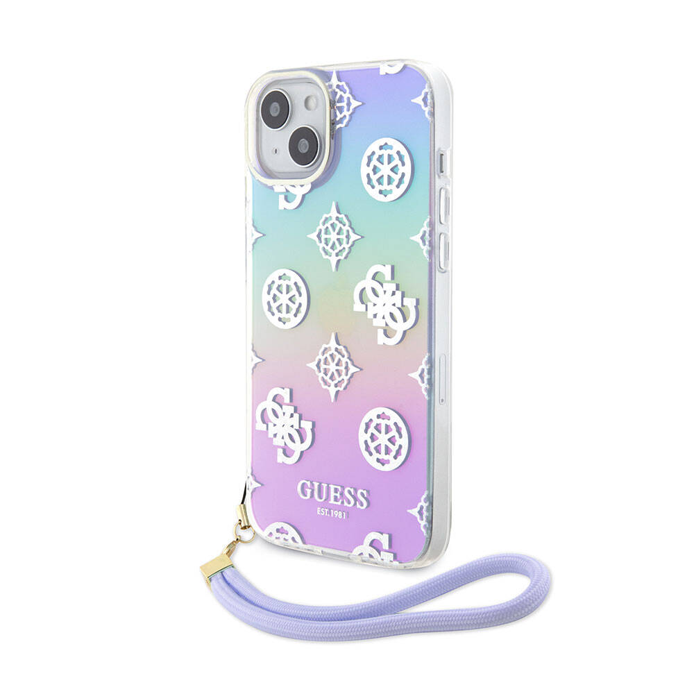 iPhone 15 Kılıf Guess Orjinal Lisanslı Desenli Yazı Logolu Askı İpli Holografik Glitter Peony Kılıf