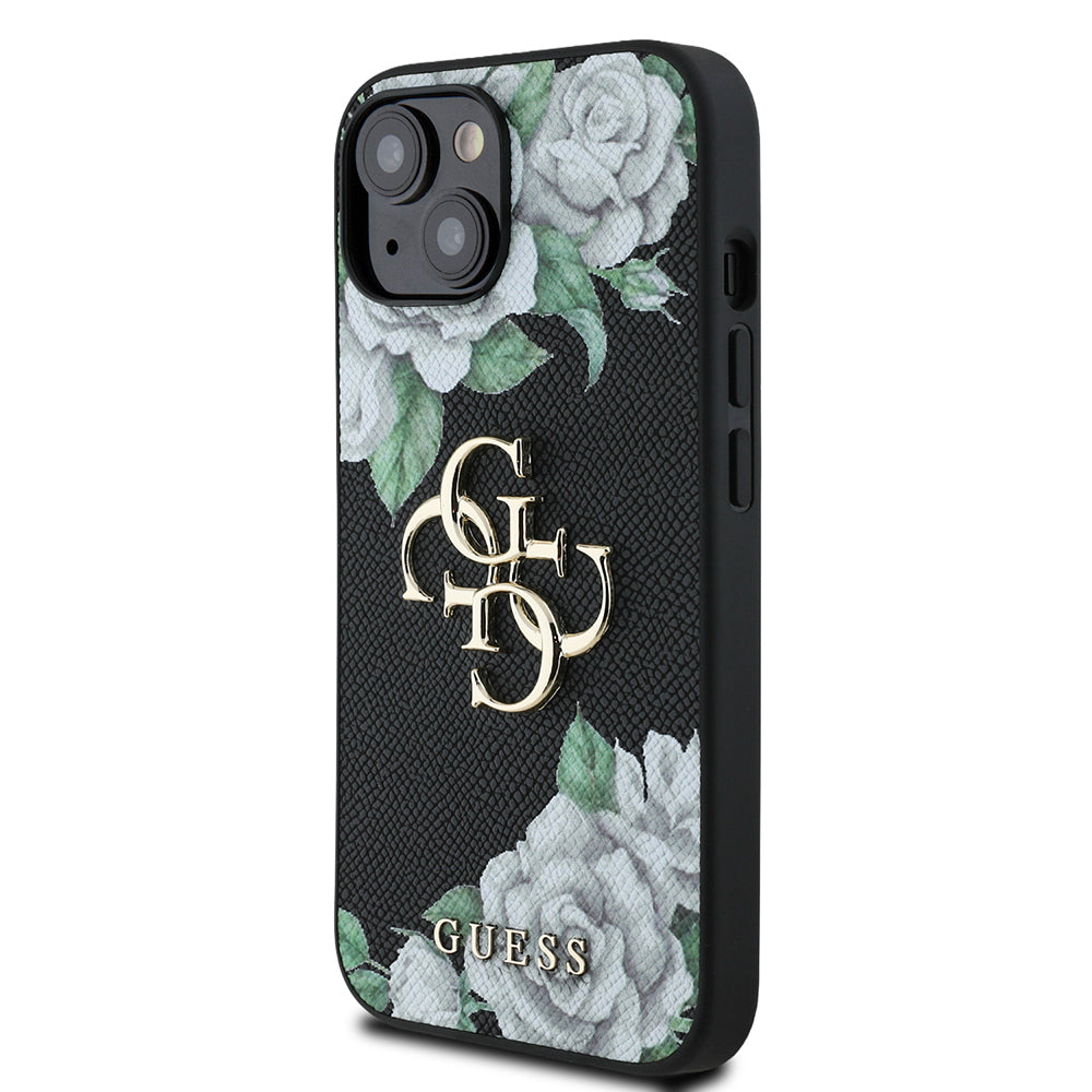 iPhone 15 Kılıf Guess Orjinal Lisanslı Gül Baskılı Büyük Metal Logo Dizaynlı Kılıf