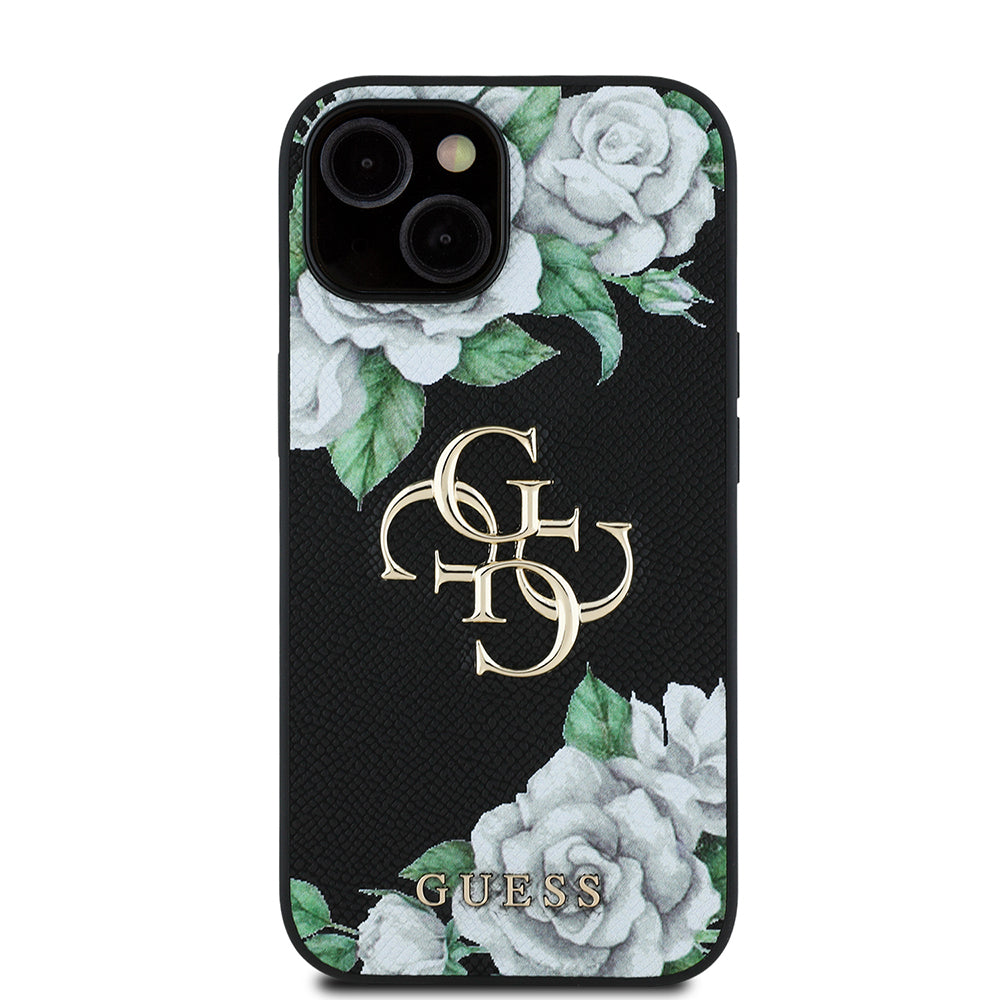 iPhone 15 Kılıf Guess Orjinal Lisanslı Gül Baskılı Büyük Metal Logo Dizaynlı Kılıf