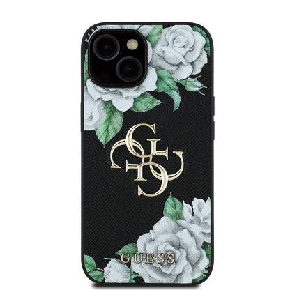 iPhone 15 Kılıf Guess Orjinal Lisanslı Gül Baskılı Büyük Metal Logo Dizaynlı Kılıf
