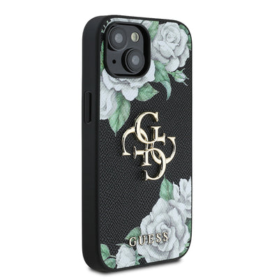 Apple iPhone 15 Kılıf Guess Orjinal Lisanslı Gül Baskılı Büyük Metal Logo Dizaynlı Kapak Pembe