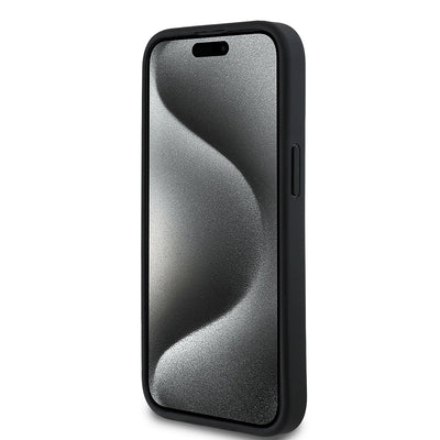 Apple iPhone 15 Kılıf Guess Orjinal Lisanslı Gül Baskılı Büyük Metal Logo Dizaynlı Kapak Siyah