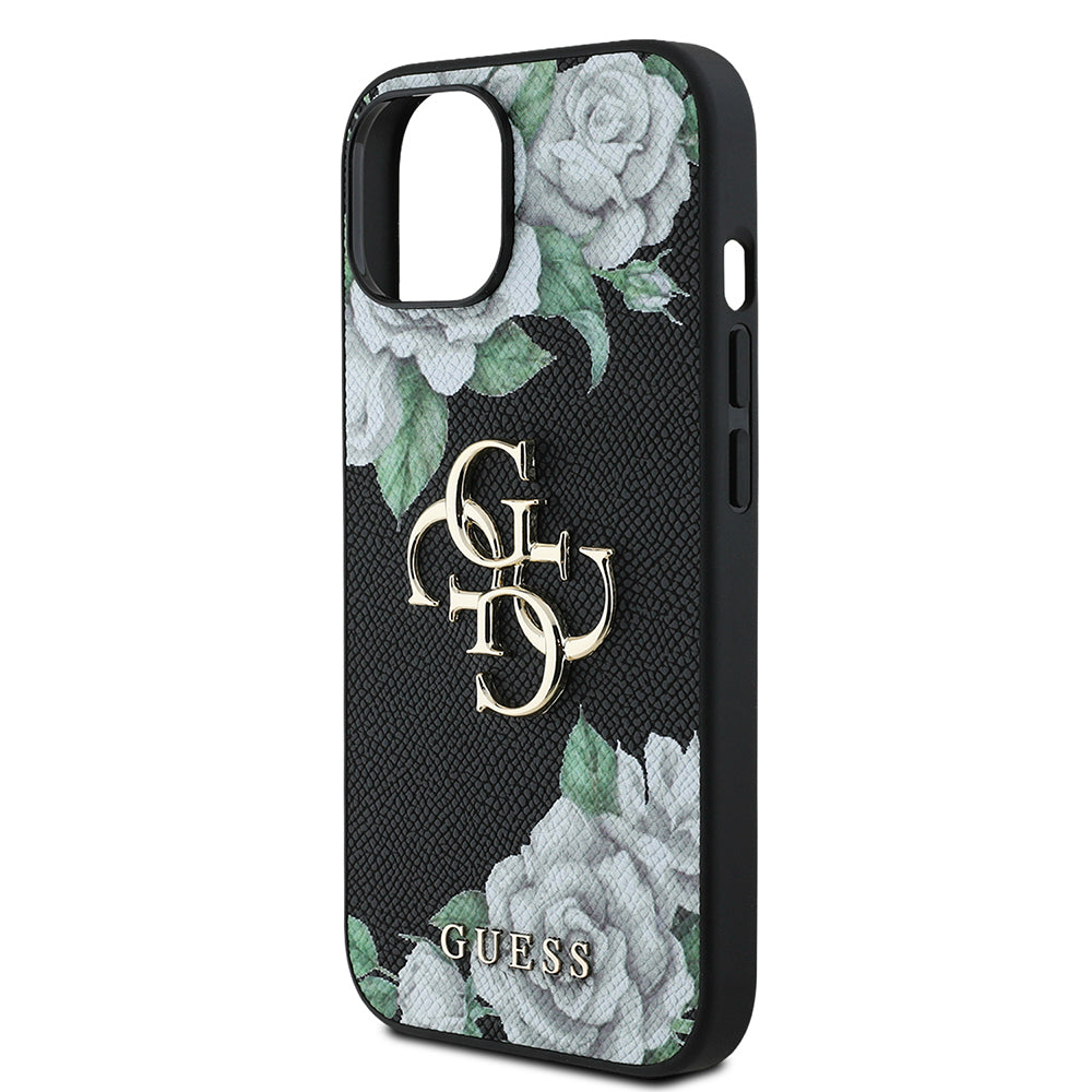 iPhone 15 Kılıf Guess Orjinal Lisanslı Gül Baskılı Büyük Metal Logo Dizaynlı Kılıf