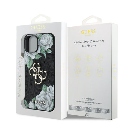 iPhone 15 Kılıf Guess Orjinal Lisanslı Gül Baskılı Büyük Metal Logo Dizaynlı Kılıf