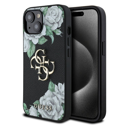 iPhone 15 Kılıf Guess Orjinal Lisanslı Gül Baskılı Büyük Metal Logo Dizaynlı Kılıf