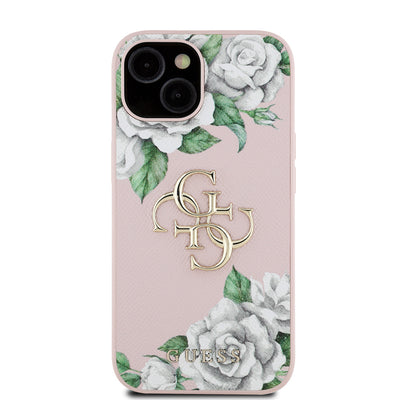 Apple iPhone 15 Kılıf Guess Orjinal Lisanslı Gül Baskılı Büyük Metal Logo Dizaynlı Kapak Pembe