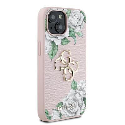 Apple iPhone 15 Kılıf Guess Orjinal Lisanslı Gül Baskılı Büyük Metal Logo Dizaynlı Kapak Pembe