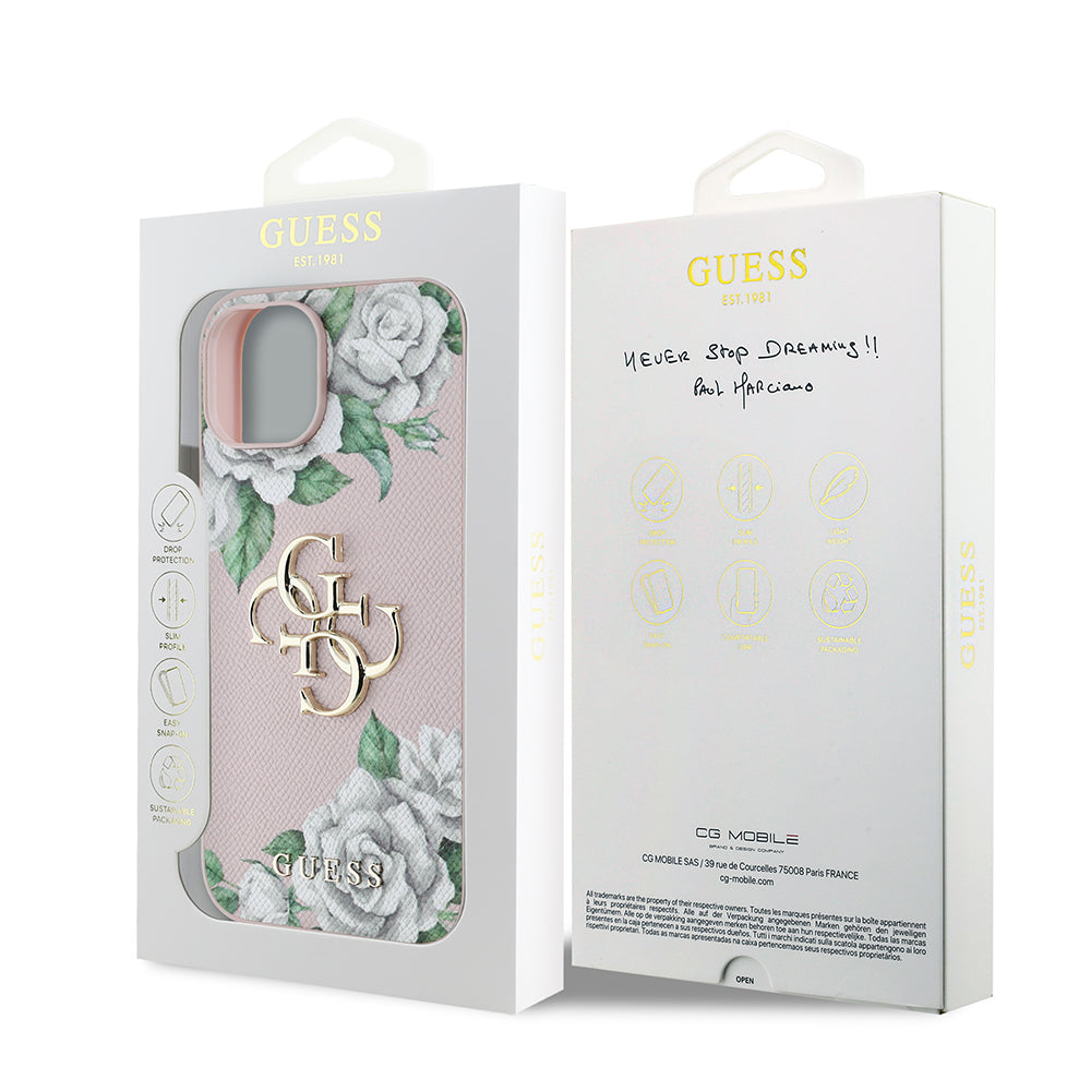 iPhone 15 Kılıf Guess Orjinal Lisanslı Gül Baskılı Büyük Metal Logo Dizaynlı Kılıf