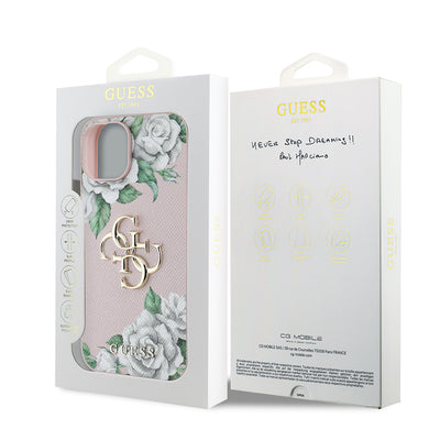 Apple iPhone 15 Kılıf Guess Orjinal Lisanslı Gül Baskılı Büyük Metal Logo Dizaynlı Kapak Pembe