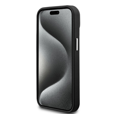 Apple iPhone 15 Kılıf Guess Orjinal Lisanslı M-safe Şarj Özellikli Grained Triangle Kapak Siyah