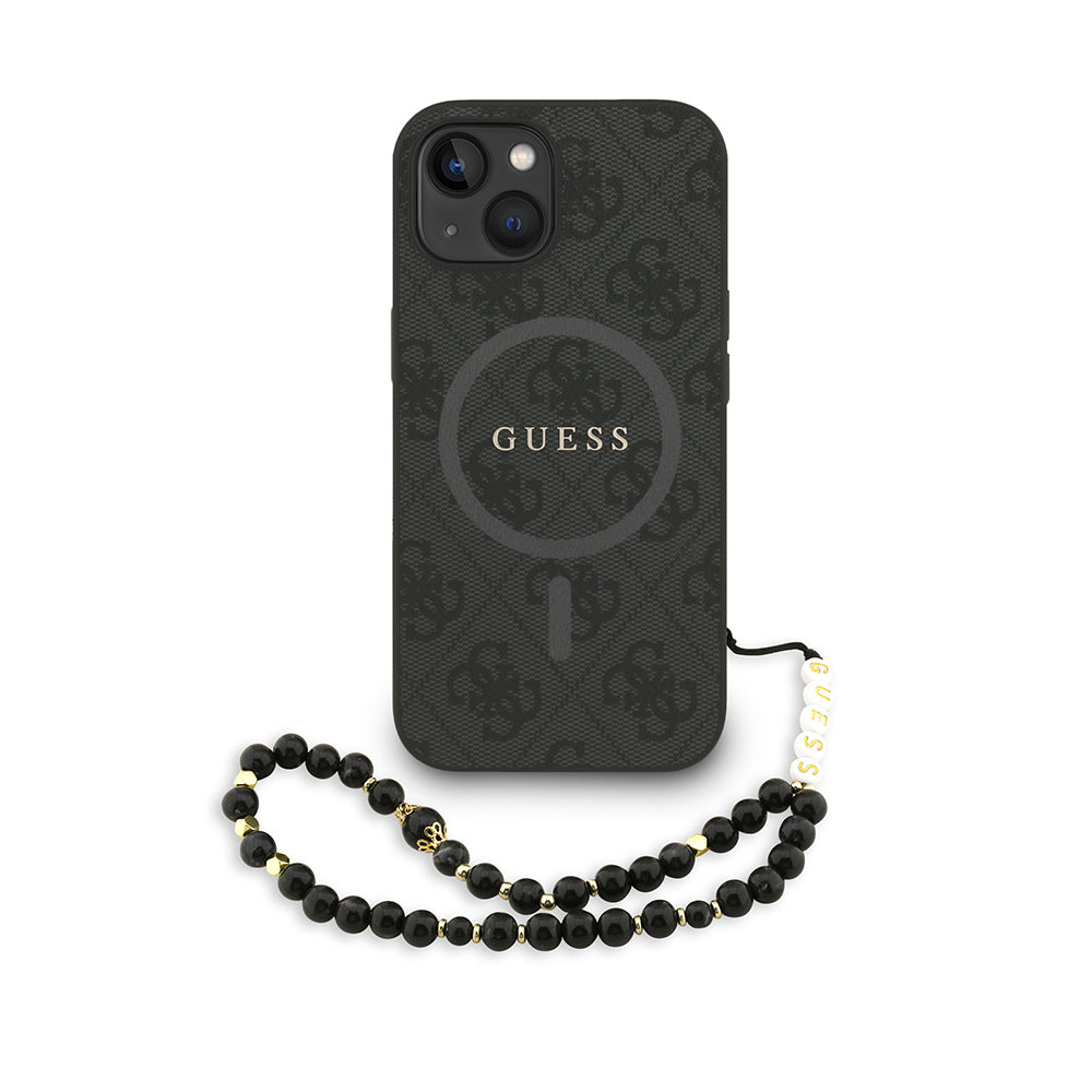 iPhone 15 Kılıf Guess Orjinal Lisanslı M-safe Şarj Özellikli PU Deri Bilek Askı İpli Yazı Logolu Kılıf