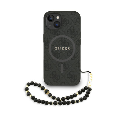 iPhone 15 Kılıf Guess Orjinal Lisanslı M-safe Şarj Özellikli PU Deri Bilek Askı İpli Yazı Logolu Kılıf