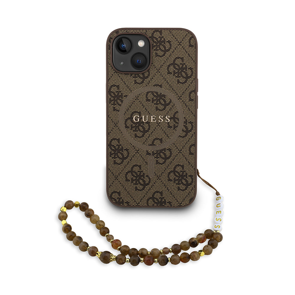 iPhone 15 Kılıf Guess Orjinal Lisanslı M-safe Şarj Özellikli PU Deri Bilek Askı İpli Yazı Logolu Kılıf