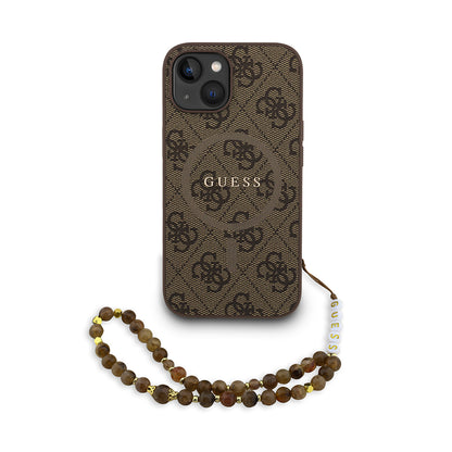 iPhone 15 Kılıf Guess Orjinal Lisanslı M-safe Şarj Özellikli PU Deri Bilek Askı İpli Yazı Logolu Kılıf
