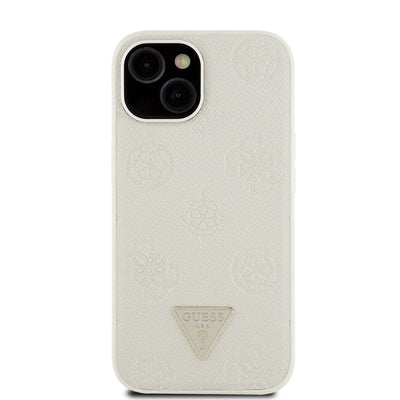 Apple iPhone 15 Kılıf Guess Orjinal Lisanslı M-safe Şarj Özellikli Sıcak Baskılı Üçgen Logolu PU Deri Peony Kapak Bej