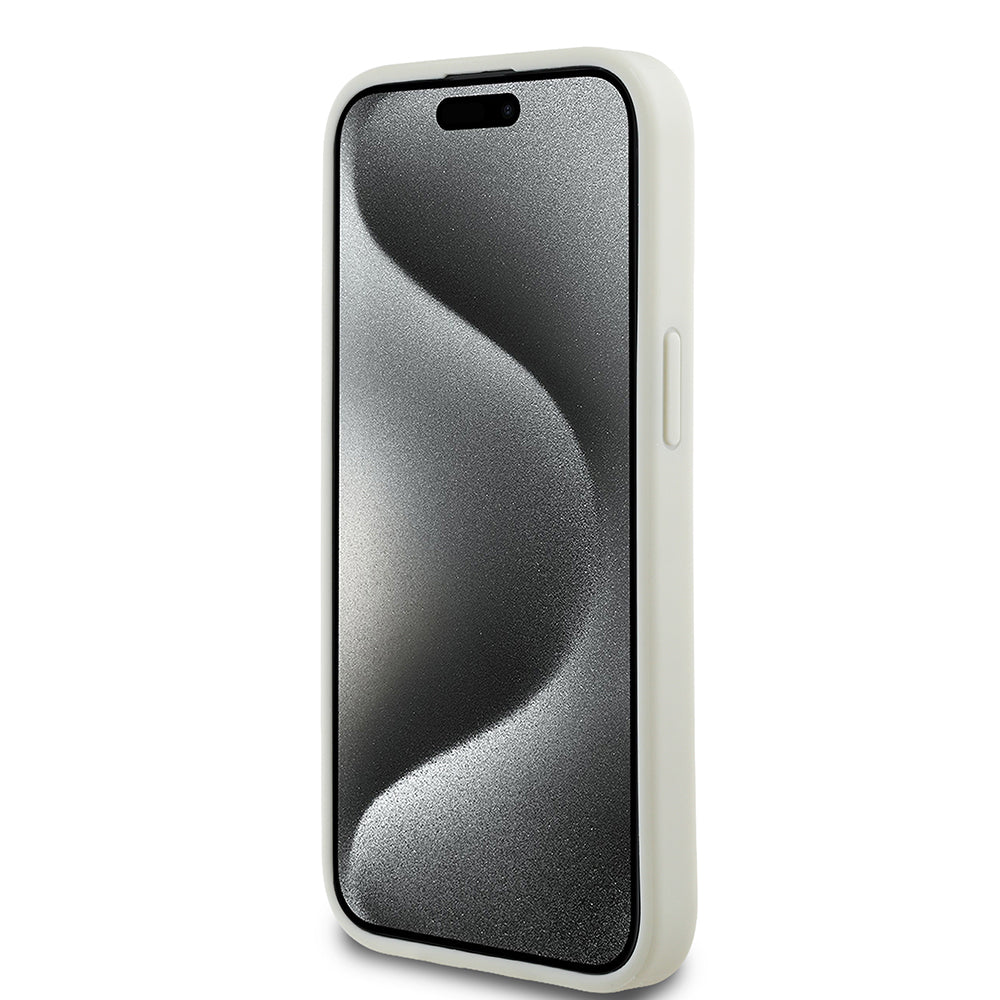 iPhone 15 Kılıf Guess Orjinal Lisanslı M-safe Şarj Özellikli Sıcak Baskılı Üçgen Logolu PU Deri Peony Kılıf