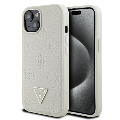 iPhone 15 Kılıf Guess Orjinal Lisanslı M-safe Şarj Özellikli Sıcak Baskılı Üçgen Logolu PU Deri Peony Kılıf