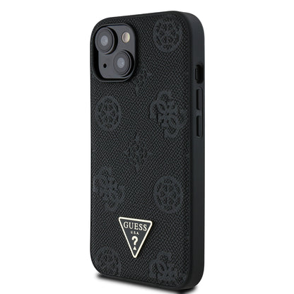 iPhone 15 Kılıf Guess Orjinal Lisanslı M-safe Şarj Özellikli Sıcak Baskılı Üçgen Logolu PU Deri Peony Kılıf