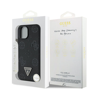 Apple iPhone 15 Kılıf Guess Orjinal Lisanslı M-safe Şarj Özellikli Sıcak Baskılı Üçgen Logolu PU Deri Peony Kapak Bej