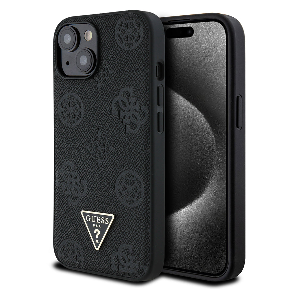 iPhone 15 Kılıf Guess Orjinal Lisanslı M-safe Şarj Özellikli Sıcak Baskılı Üçgen Logolu PU Deri Peony Kılıf