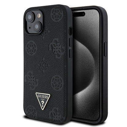 iPhone 15 Kılıf Guess Orjinal Lisanslı M-safe Şarj Özellikli Sıcak Baskılı Üçgen Logolu PU Deri Peony Kılıf