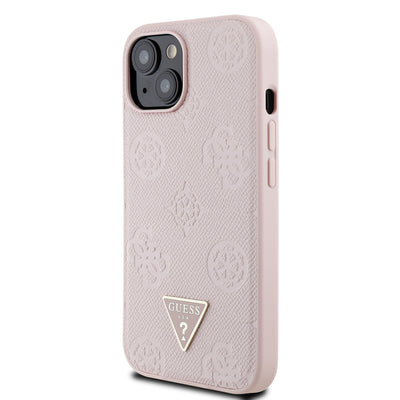 Apple iPhone 15 Kılıf Guess Orjinal Lisanslı M-safe Şarj Özellikli Sıcak Baskılı Üçgen Logolu PU Deri Peony Kapak Bej