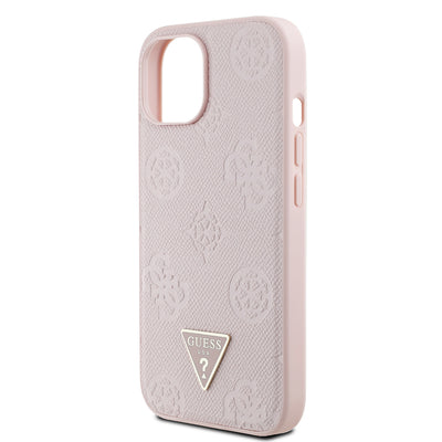 Apple iPhone 15 Kılıf Guess Orjinal Lisanslı M-safe Şarj Özellikli Sıcak Baskılı Üçgen Logolu PU Deri Peony Kapak Bej