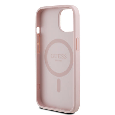 Apple iPhone 15 Kılıf Guess Orjinal Lisanslı M-safe Şarj Özellikli Sıcak Baskılı Üçgen Logolu PU Deri Peony Kapak Bej