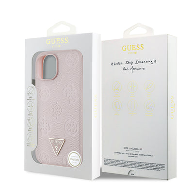 Apple iPhone 15 Kılıf Guess Orjinal Lisanslı M-safe Şarj Özellikli Sıcak Baskılı Üçgen Logolu PU Deri Peony Kapak Bej