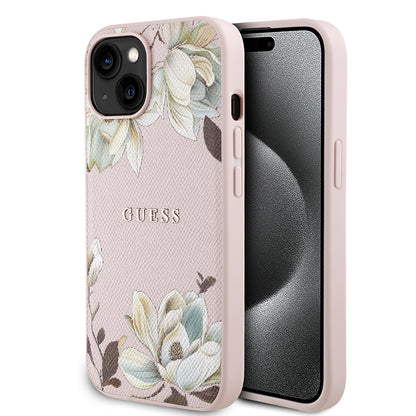 iPhone 15 Kılıf Guess Orjinal Lisanslı M-safe Şarj Özellikli Taneli Çiçek Tasarımlı Metal Yazı Logolu Kılıf