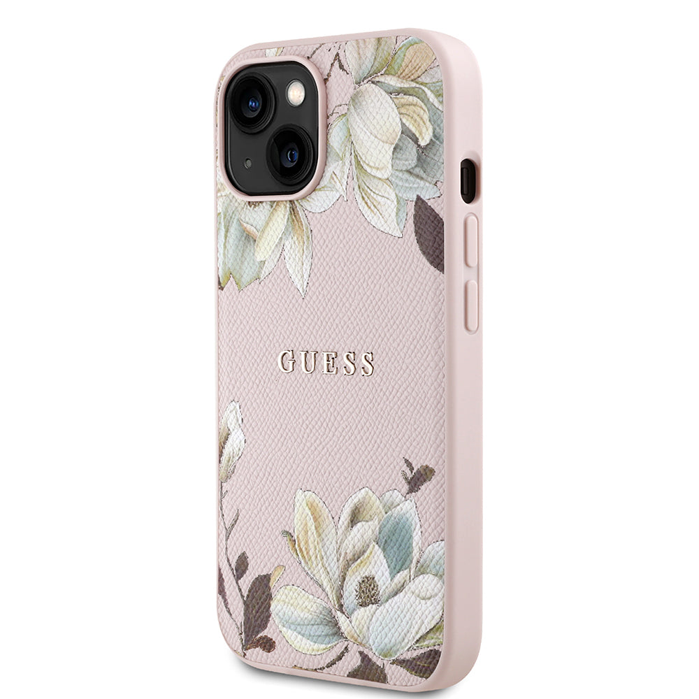 iPhone 15 Kılıf Guess Orjinal Lisanslı M-safe Şarj Özellikli Taneli Çiçek Tasarımlı Metal Yazı Logolu Kılıf