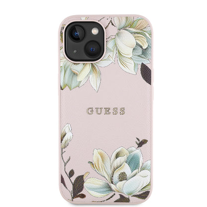 iPhone 15 Kılıf Guess Orjinal Lisanslı M-safe Şarj Özellikli Taneli Çiçek Tasarımlı Metal Yazı Logolu Kılıf