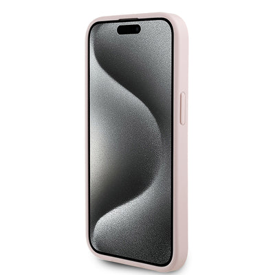 Apple iPhone 15 Kılıf Guess Orjinal Lisanslı M-safe Şarj Özellikli Taneli Çiçek Tasarımlı Metal Yazı Logolu Kapak Siyah
