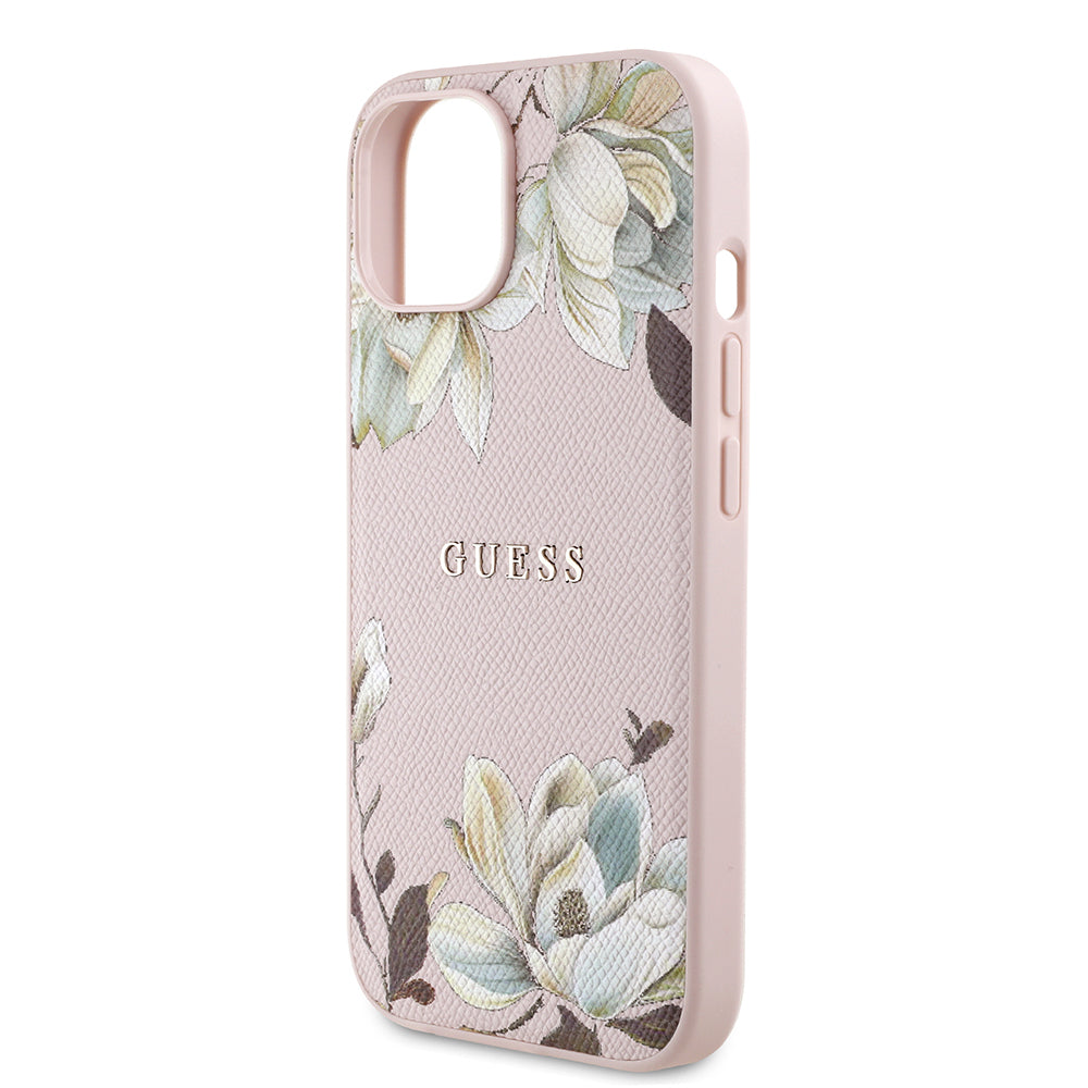 iPhone 15 Kılıf Guess Orjinal Lisanslı M-safe Şarj Özellikli Taneli Çiçek Tasarımlı Metal Yazı Logolu Kılıf