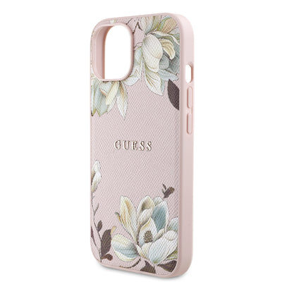 Apple iPhone 15 Kılıf Guess Orjinal Lisanslı M-safe Şarj Özellikli Taneli Çiçek Tasarımlı Metal Yazı Logolu Kapak Siyah