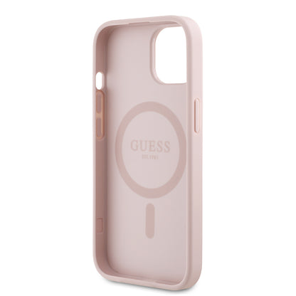 iPhone 15 Kılıf Guess Orjinal Lisanslı M-safe Şarj Özellikli Taneli Çiçek Tasarımlı Metal Yazı Logolu Kılıf