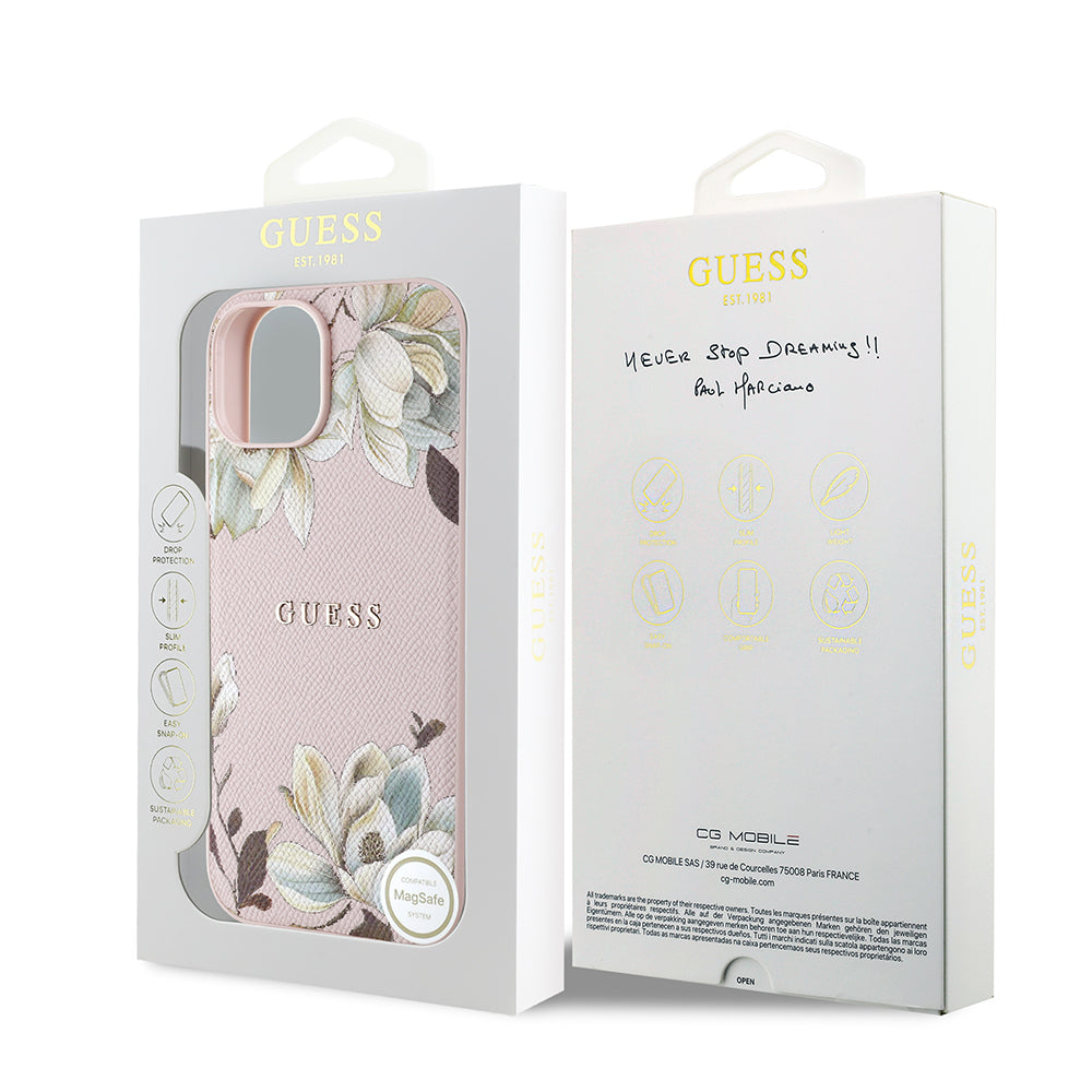 iPhone 15 Kılıf Guess Orjinal Lisanslı M-safe Şarj Özellikli Taneli Çiçek Tasarımlı Metal Yazı Logolu Kılıf