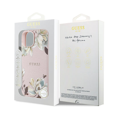 Apple iPhone 15 Kılıf Guess Orjinal Lisanslı M-safe Şarj Özellikli Taneli Çiçek Tasarımlı Metal Yazı Logolu Kapak Pembe
