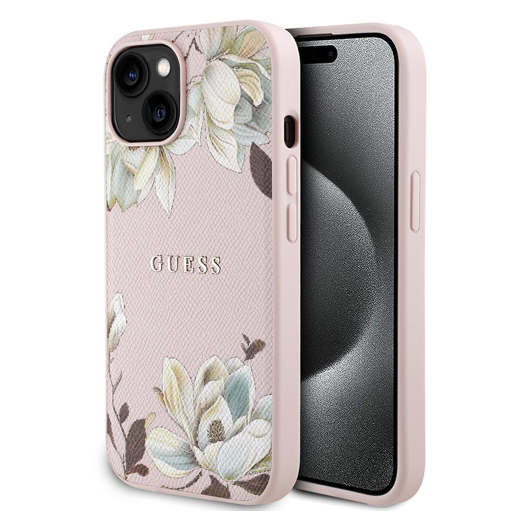 iPhone 15 Kılıf Guess Orjinal Lisanslı M-safe Şarj Özellikli Taneli Çiçek Tasarımlı Metal Yazı Logolu Kılıf
