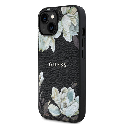 iPhone 15 Kılıf Guess Orjinal Lisanslı M-safe Şarj Özellikli Taneli Çiçek Tasarımlı Metal Yazı Logolu Kılıf