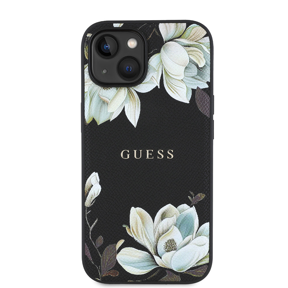 iPhone 15 Kılıf Guess Orjinal Lisanslı M-safe Şarj Özellikli Taneli Çiçek Tasarımlı Metal Yazı Logolu Kılıf