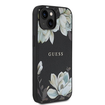 iPhone 15 Kılıf Guess Orjinal Lisanslı M-safe Şarj Özellikli Taneli Çiçek Tasarımlı Metal Yazı Logolu Kılıf
