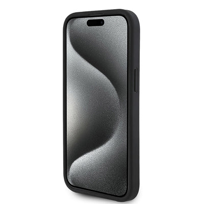 Apple iPhone 15 Kılıf Guess Orjinal Lisanslı M-safe Şarj Özellikli Taneli Çiçek Tasarımlı Metal Yazı Logolu Kapak Siyah