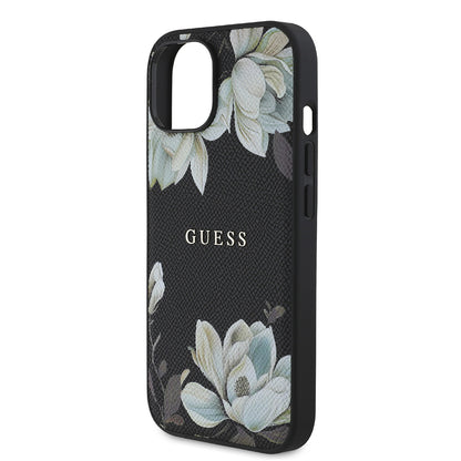 iPhone 15 Kılıf Guess Orjinal Lisanslı M-safe Şarj Özellikli Taneli Çiçek Tasarımlı Metal Yazı Logolu Kılıf