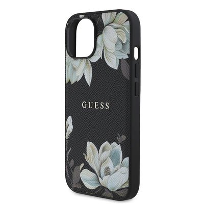 Apple iPhone 15 Kılıf Guess Orjinal Lisanslı M-safe Şarj Özellikli Taneli Çiçek Tasarımlı Metal Yazı Logolu Kapak Pembe