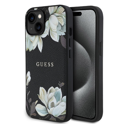 iPhone 15 Kılıf Guess Orjinal Lisanslı M-safe Şarj Özellikli Taneli Çiçek Tasarımlı Metal Yazı Logolu Kılıf