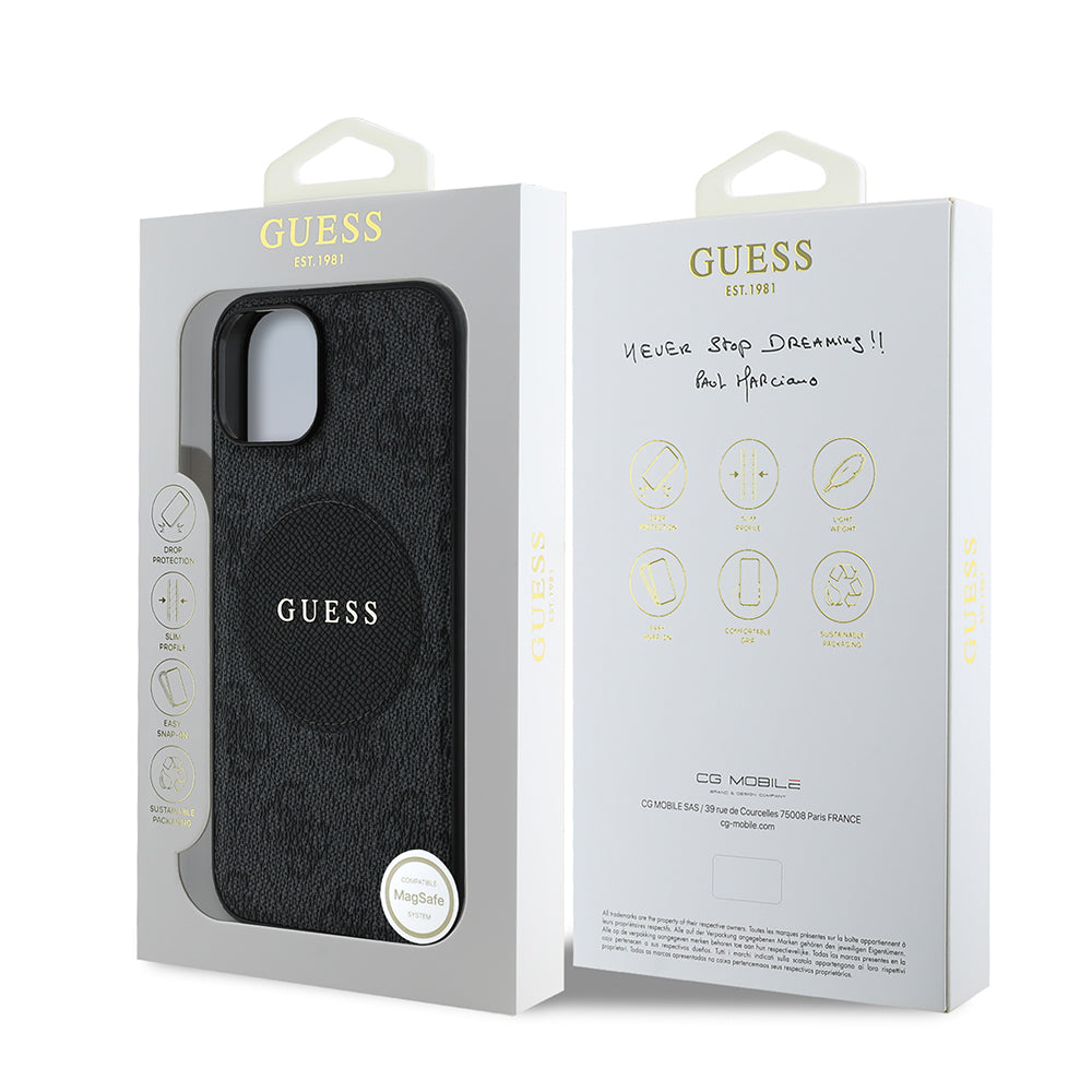 Apple iPhone 15 Kılıf Guess Orjinal Lisanslı M-safe Şarj Özellikli Yazı Logolu Circle Classic Kapak Pembe